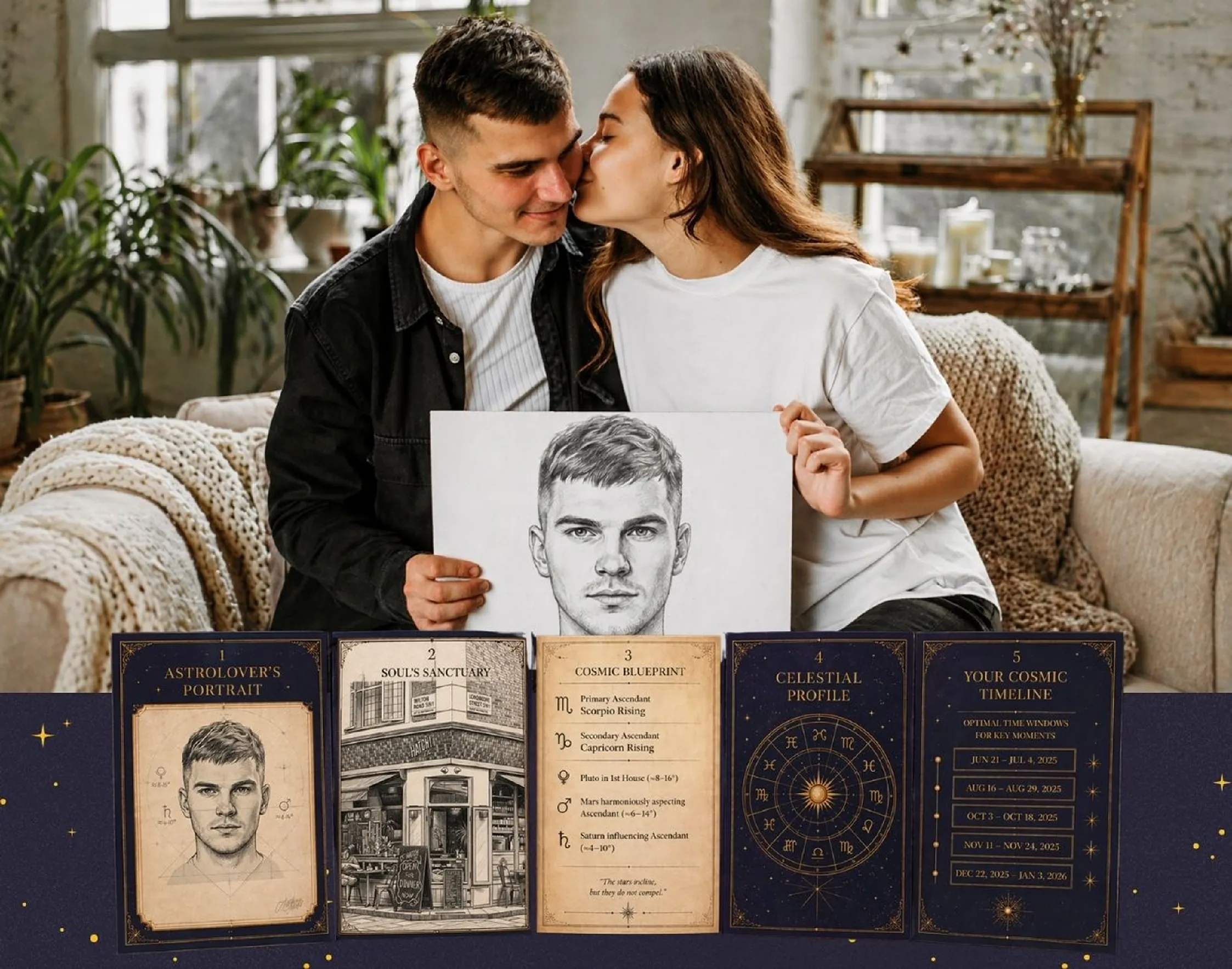 Astro Lover Sketch Vedic soulmate drawing with personalized portrait, cosmic timeline and birth chart package